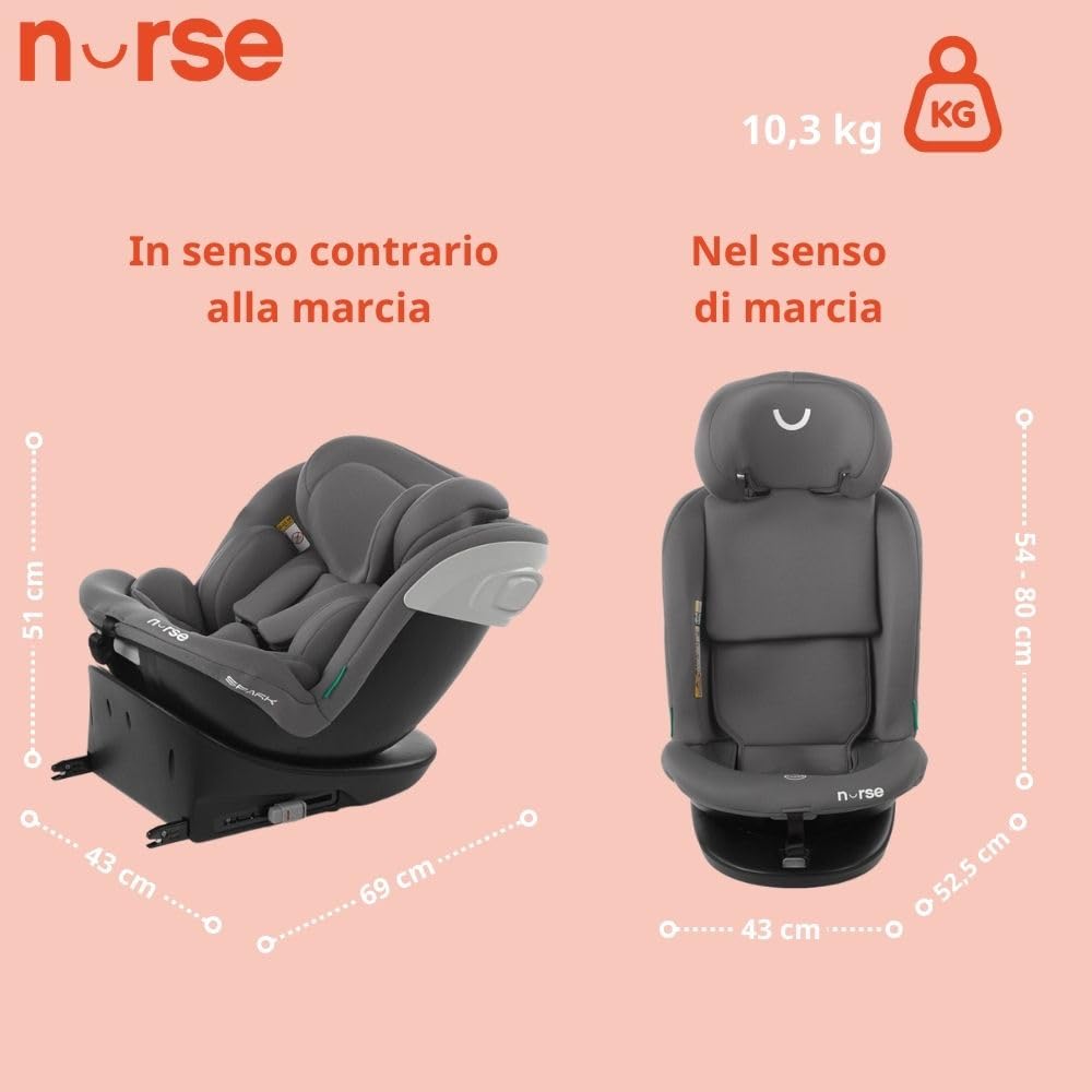Nurse Spark, Seggiolino Auto iSize, 40 a 150 cm, 0 a 12 Anni, Isofix, Top Tether, Girevole 360, 13 Posizioni Poggiatesta, Grigio