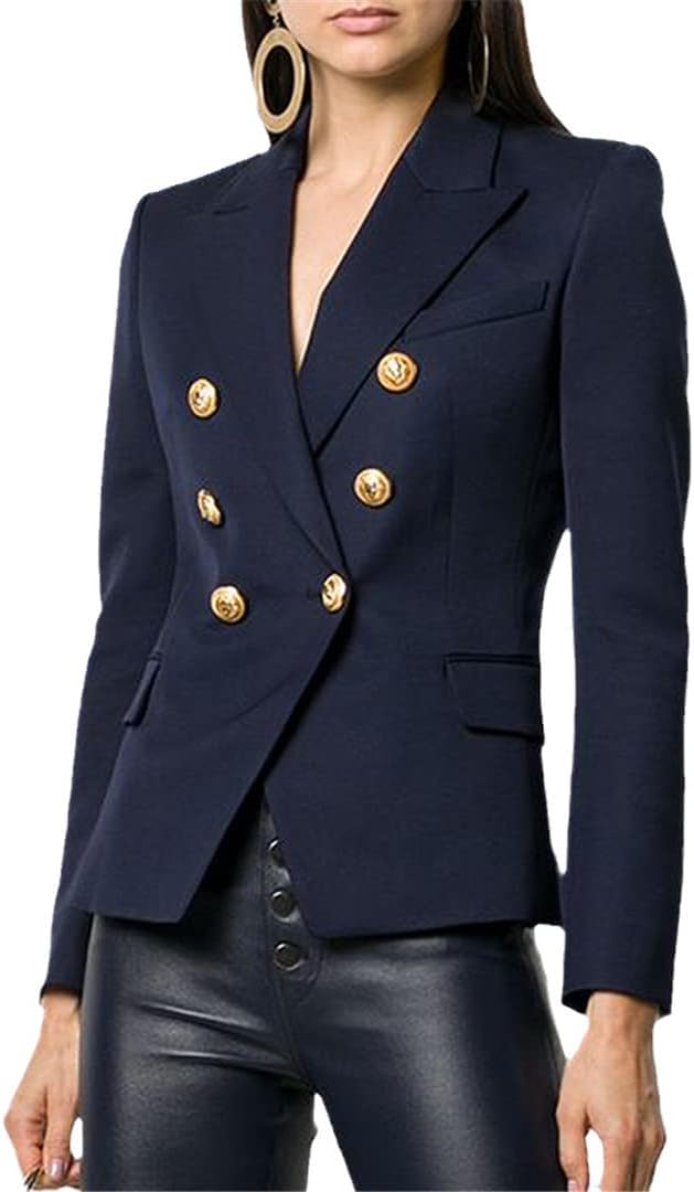 Suwequest Blazer Jacket Women's Metal Buttons Double Breasted Blazer Outer Coat dark blue M