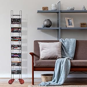 Atlantic wire frame media tower 93 dvd storage rack wide stable base pn 72212041 in black metal and cherry wood  urban country home decor