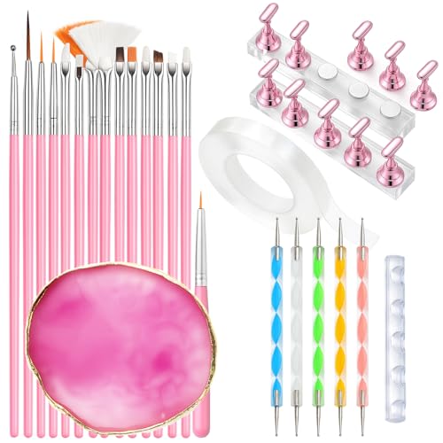 Nail Art Tools Set 15 Pcs Nail Art Brushes 5 Double Ended Dotting Pens Mixing Palette Nail Brush Holder 10 Nail Stands & Tape for Press on Holder Suit for Nail Tech & Beginners