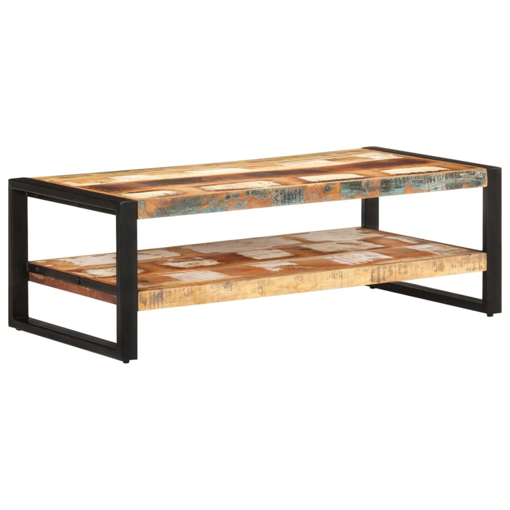 Hothingwell Stolik kawowy 2 poziomy drewna z odzysku 120x60x40 cm | Malowana proszkowo rama żelazna, mieszanka drewna tekowego z drewna bukowego mango, unikalny kolor losowy