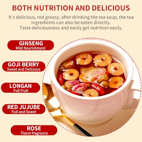 Hee Creek Ginseng Longan Red Date Tea 10.58oz / 20 Bags Five Treasures Wubao Wolfberry Tea for Women Ginseng Jujube Dried Longan Goji Berry Rose Fruit Herbal Blends 人参桂圆红枣枸杞茶