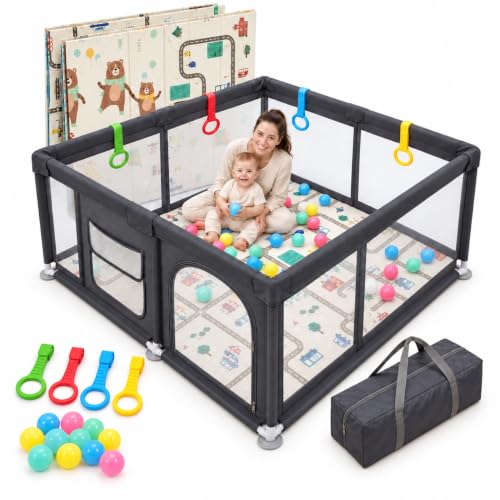 BATHBY Parque Infantil para Bebés con Alfombra Reversible, Pelotas de Piscina de Bolas, 4 Agarradores y Bolsa de Transporte, Parque de Juegos con Malla Transpirable y Puerta con Cremallera