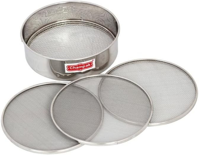 Champak Stainless Steel Sieve 8'' Chalni with 4 Nets, 5 Piece Set, Silver