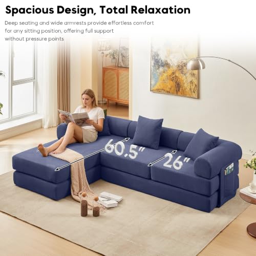 Image of 107 inch Modular Sectional Sofa Bed, L-Shape Corduroy Boneless Couch, Blue