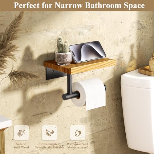 Image of Tindbea Toilet Paper Holder with Wood Shelf, Wooden Wall Mount Tissue Roll Holder, Matte Black Stainless Steel Bathroom Accessories Decor for Household Home Apartment Restroom Essential (Red Oak)