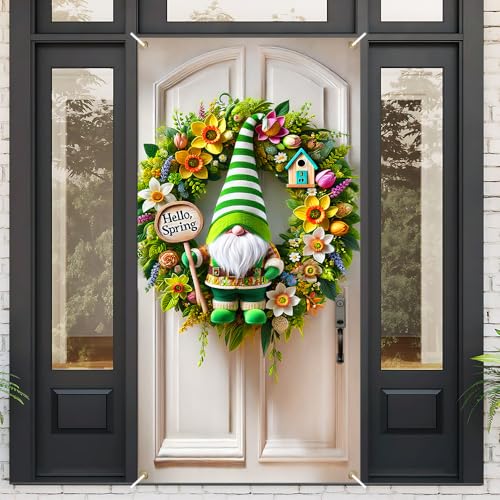 Image of Hello Spring Gnome Door Cover 35x71in Green Daffodil