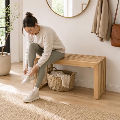Image of SwallowLiving Solid Wood Entryway Bench 30 inch Farmhouse Dining Room Slatted