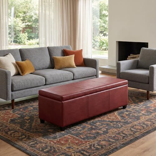 Image of SIMPLIHOME Avalon 48 inch Wide Vegan Leather Storage Ottoman in Red