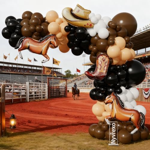 Image of Western Cowboy Balloon Garland Arch Kit, 150Pcs Black Brown White Balloons | Cowboy Boot Hat Horse Foil Balloons, Western Cowboy Birthday Party Decorations, Farm Wild West Baby Shower Decorations