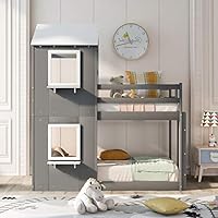 MERITLINE House Bunk Bed for Kids,Low Bunk Beds Twin Over Twin, Wood Bunk Beds with Guardrail and Ladder, House Bed with Roof for Girls Boys,No Box Spring Needed,Gray+White Roof