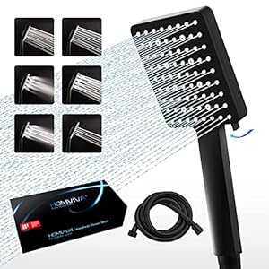 HOMVIVA® Hogedruk douchekop en slang set 1,8 m, universele grote krachtige handdouchekop voor bad met 6 sproeimodi voor lage waterdruk (mat zwart)