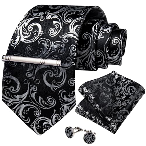 Image of DiBanGu Silk Floral Ties for Men Woven Paisley Necktie and Tie Clip Handkerchief Cufflinks Set for Party Wedding