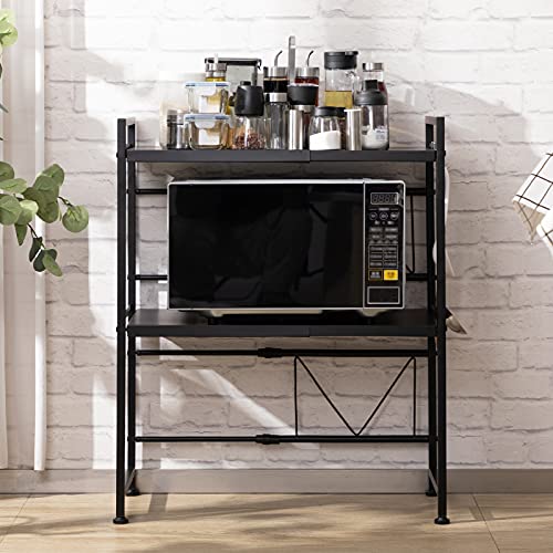 Abocofur Expandable And Height Adjustable Microwave Oven Rack, 3-Tier Metal Kitchen Counter Toaster And Rice Cooker Stand, Heavy Duty Tableware Storage Shelf With 3 Hooks, 15.7"-25.2"(L), Black #TOP6