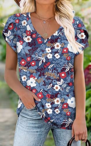 Image of CATHY 2026 Women Tops Summer Short Sleeve Tunic V Neck T-Shirts Loose Casual Floral Blouse S-4XL