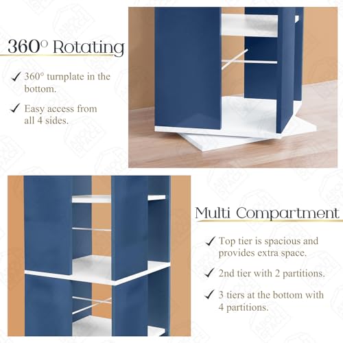 Image of ABOUT SPACE Rotating Book Shelf for Home Library - 5 Tier 360 Book Rack | Semi UV Gloss Laminate DIY Engineered Wood Book Stand with Partition & Bottom Turnplate (Blue & White L 38 x B 38 x H 150 cm)