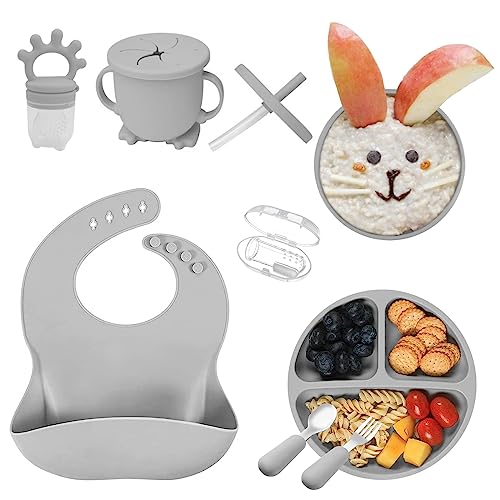 Baby Kinderteller Sets, Silikon Baby Geschirrset Kindergeschirr mit Saugnapf,Rutschfest Silikon Geschirr Sets Rutschfest Babyteller Schüssel Lätzchen Löffel Gabel Kindergeschirr (10Grey)