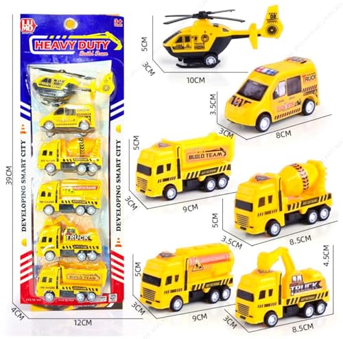 Image of SHAKTISM Construction Vehicle Set of 6 Mini Body Models - Durable Construction Truck Toys for Kids 6 PCS Yellow JCB Construction Vehicle Set, Die-Cast Metal Body, Movable Parts