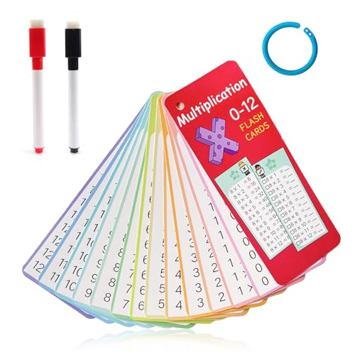 YFaith 14 Piezas Tablas de Multiplicar, Doble Cara 1 x 1 Tarjetas de Aprendizaje, con Bolígrafo Borrable y Lazo para Colgar, 18 x 7 cm Tablas de Multiplicar para Niños, Juego de Aprendizaje de 1 a 12