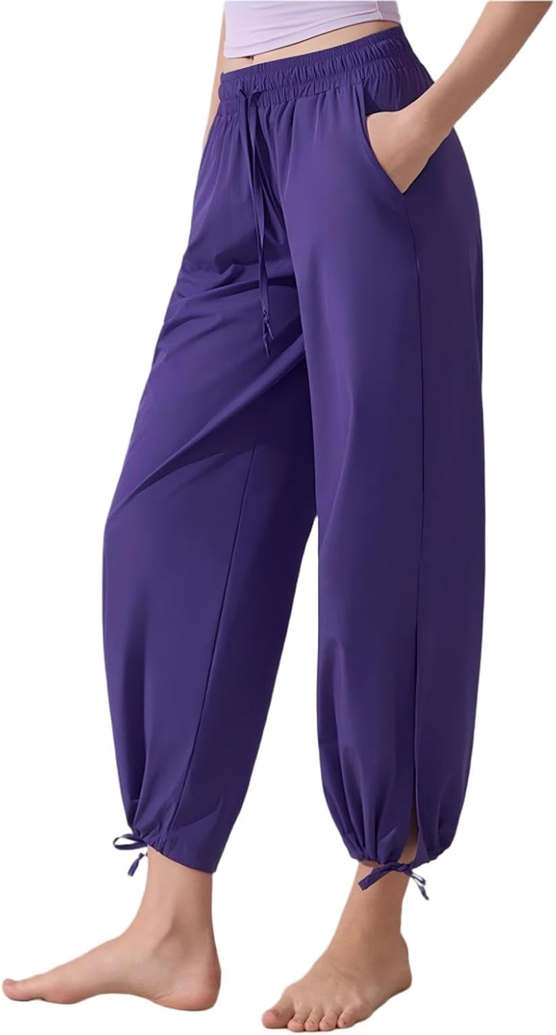 Womens Baggy Wide Leg Palazzo Pants Casual Loose Fashion Drawstring Elastic Waisted Lounge Trousers with Pockets