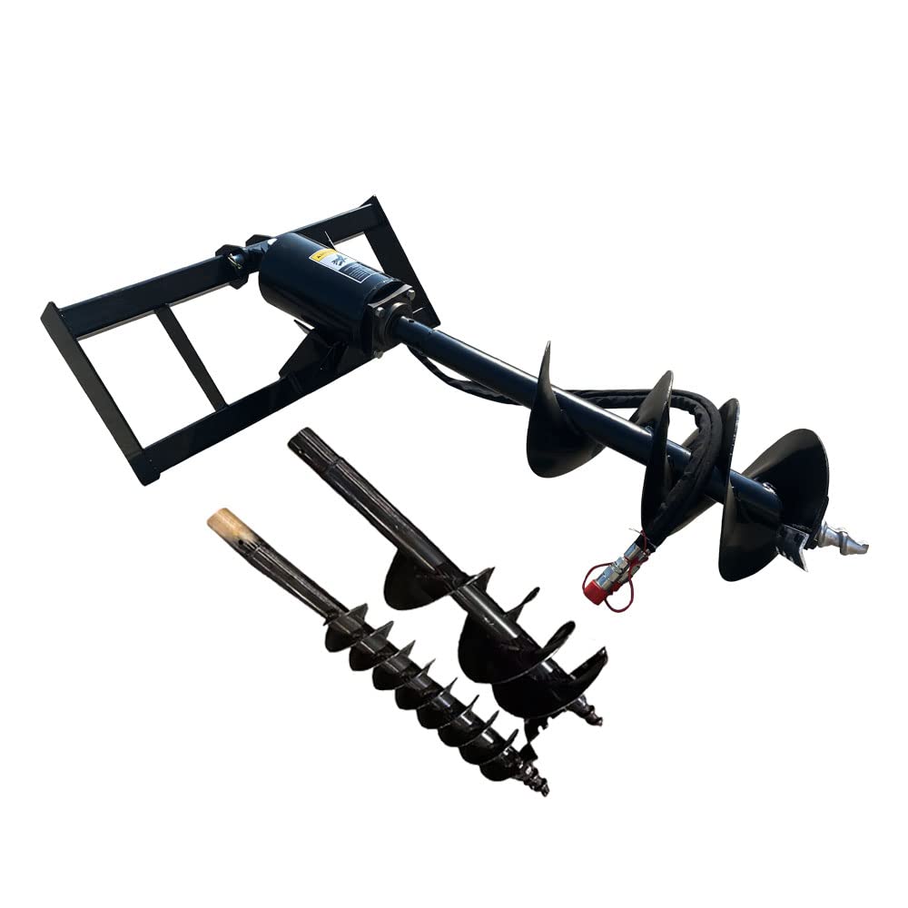 Skid Steer Hydraulic Heavy Duty Post Hole Digger Earth Auger Frame, Drive and Bit Post Hole Digger with 3 Drilling 6", 12", 14" Bits & Rock Auger w/Hoses, Quick Connect Fittings, Swivel Bracket