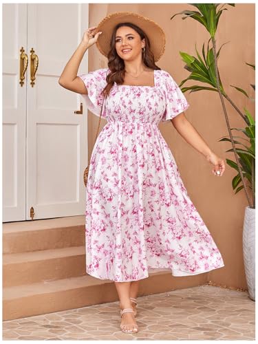 Image of Floerns Women's Plus Size Floral Square Neck Flounce Short Sleeve A Line Maxi Dress