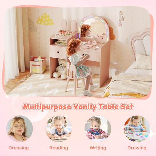 Image of HONEY JOY Kids Vanity with Lights, Rabbit Themed Princess Makeup Dressing Desk, Storage Cabinet, Wooden Pretend Play Toddler Vanity Table & Chair Set with Lighted Mirror for Little Girls (Pink)