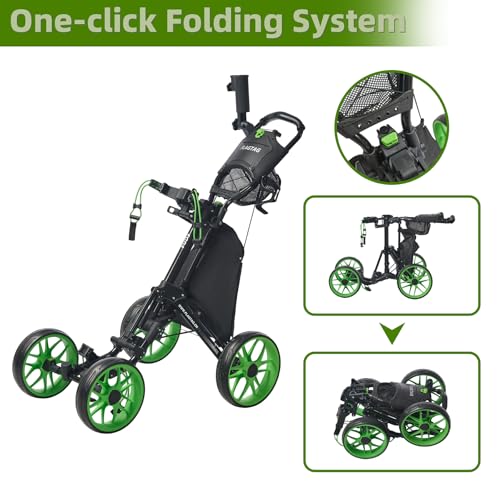 Image of Golf Push Cart 4-Wheels,Folding Golf Cart, Golf Pull cart with Cup Holder,Umbrella Holder,Cooler Bag, Foldable with one-Click,Handle Height Adjustable,Drink Holder,Walking Push cart