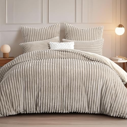 RUIKASI Parure de lit d'hiver en flanelle 200 x 220 cm - Beige - 3 pièces - En peluche chaude et moelleuse - Parure de lit d'hiver en velours côtelé - Toucher cachemire - Avec fermeture éclair et 2
