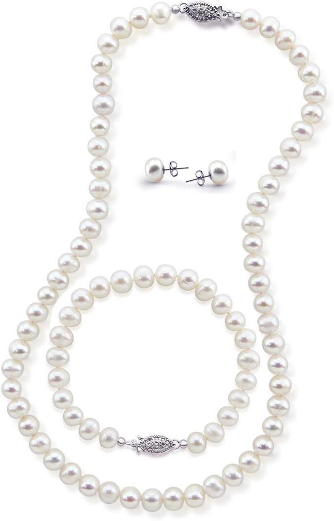 7.5-8.0 mm Freshwater Cultured Pearl Necklace 22", Bracelet 8.0" and Stud Earrings Jewelry Set, Base-metal-clasp