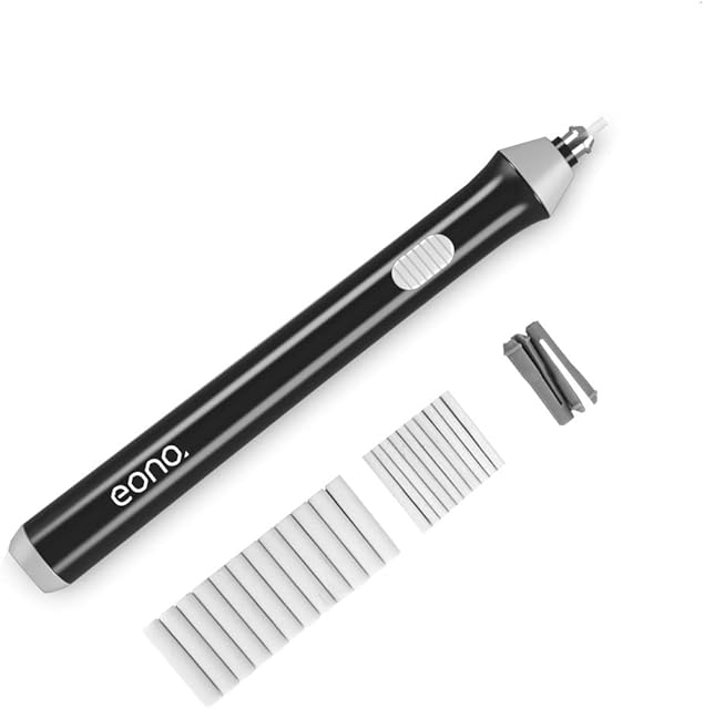 Amazon Brand - Eono Electric Eraser Kit, Battery Operated Automatic Portable Rubber Pencil Eraser, with 22pcs Additional Replaceable Rubber Refills - Diameter 2.3mm 10pcs and 5mm 12pcs, Black