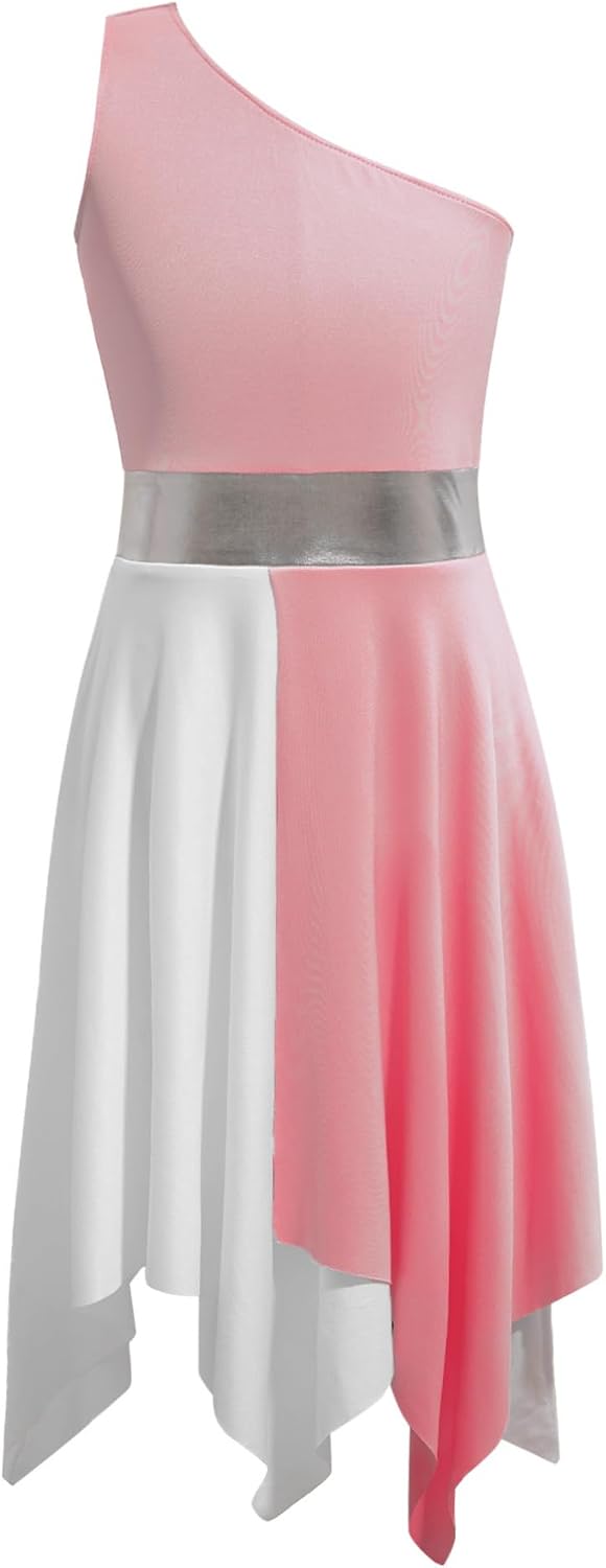 Kids Girls Asymmetrical Ballet Dance Lyrical Dress Sleeveless Color Block Praise Worship Church Robe Costume