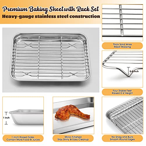 E-far Small Metal Toaster Oven Tray with Rack Set, 9.4”x7.3” Baking Sheet Broiling Pan with Stainless Steel Wire Cooling Rack, Non-Toxic Compact Bakeware for Toaster Oven - Dishwasher Safe by E-far - Image 3