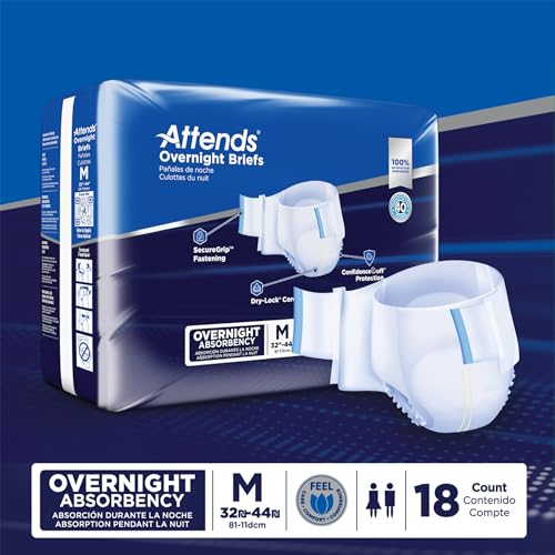 Attends Overnight Disposable Briefs, Medium, 32\"-44\" Waist with Tab Closure, Heavy Absorbency and Dry-Lock Containment Core, 18ct Bag