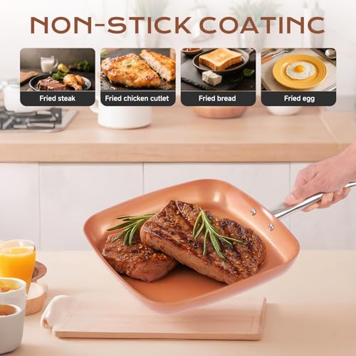 Toutrop Non-Stick Copper Square Frying Pan, 12" Chef Skillet with Ceramic Coating, Oven Dishwasher Safe, PFOA-Free, Home Use for All Stoves by Toutrop - Image 5