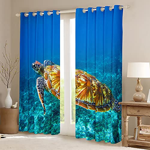 Loussiesd Sea Turtle Curtain 3D Reptile Print Window Treatments For Kids Children Teens Ocean Marine Themed Window Drapes Underwater Animal Blue Window Curtain Bedroom Decor W46*L54 - Image 2