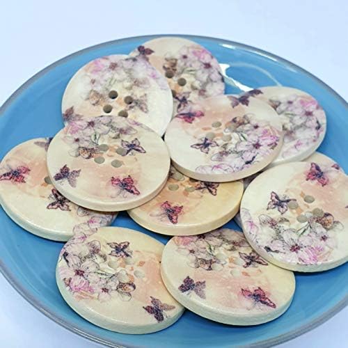 MajorCrafts® 16pcs 30mm Pink Flower and Butterfly Pattern 4 Holes Round Wood Large Sewing Buttons Needlework Arts and Crafts Embellishments
