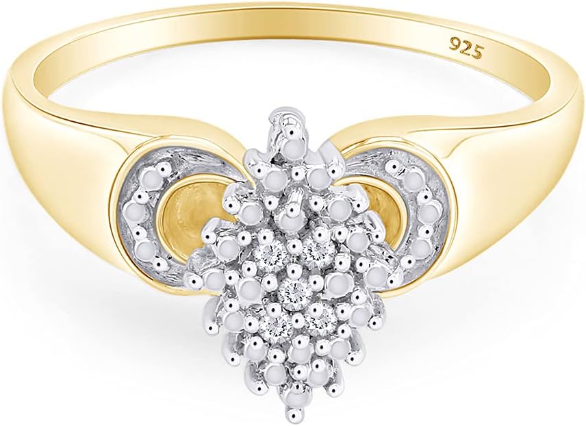 AFFY Round Cut White Natural Diamond Accent Cluster Engagement Ring For Women In 14k Gold Plated 925 Sterling Silver (Clarity : I2-I3, Color : I-J, 0.03 Carat Cttw)
