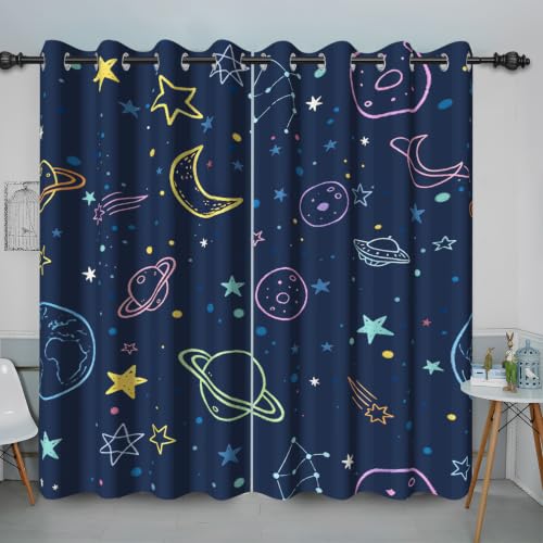 Baocicco Navy Blue Space Curtains for Boys Room Cartoon Stars Planets Theme Galaxy Curtains for Bedroom Outer Space Drapes with Grommet Nursery Space Decor Curtain 2 Panels 38x45 Inch
