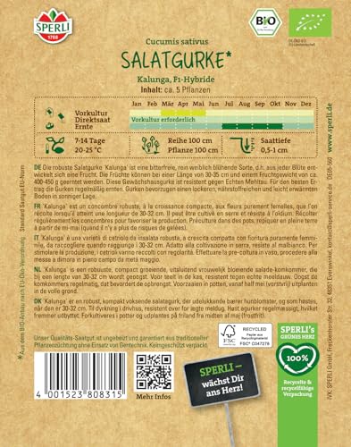 Sperli BIO Salatgurke Kalunga 80831 - Resistente Gurkensamen - für Gewächshaus - Bitterfreie Früchte - 30-35 cm - Gurken Pflanzen, Gemüse, Pflanzensamen