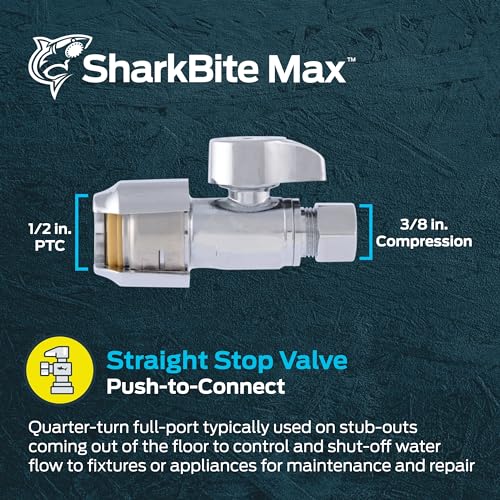Image of SharkBite Max 1 /2 x 3 /8 Inch Compression Straight Stop Valve, Quarter Turn, Push to Connect Brass Plumbing Fitting, PEX Pipe, Copper, CPVC, PE-RT, HDPE, UR23037