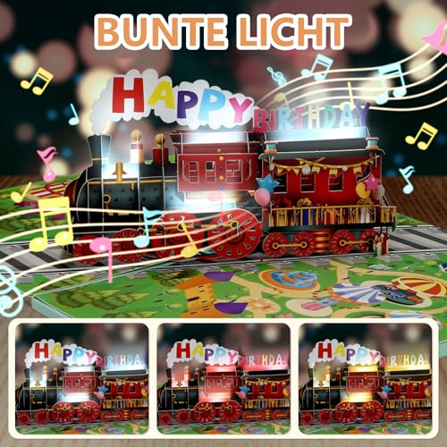 LIHAO Geburtstagskarte Kinder mit Geburtstagskarten Musik und Licht Pop Up Karte Geburtstag Zug Grußkarte Kindergeburtstag Happy Birthday Geschenk