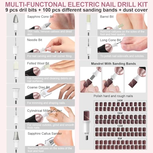 Professional Manicure Pedicure Kit, 9 in 1 Cordless Nail Drill with 100 pcs Nail Drill Bits Sanding Bands, Nail Grinder for Human, 5 Speeds, Nail Dremel Kit for Home and Salon Use - Thumbnail 4