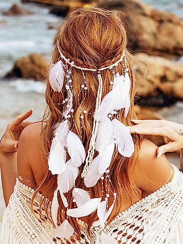 Cakure Pearl Feather Headband White Hippie Headbands Gypsy Indian Headpieces Bridal Hair Band Adjust Headdress Wedding Feather Hair Accessories For Women And Gilrs (Type1) #TOP20