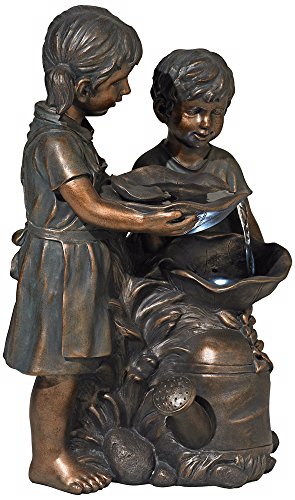 Boy And Girl Outdoor Floor Cascading Water Fountain 23" High With Led Light Sculpture For Garden Patio Yard Deck Home Lawn Porch House Living Room Relaxation Exterior Balcony - John Timberland #TOP3