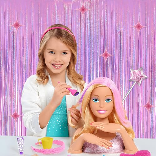 Image of Laser Pink Curtains Fringe Backdrop Streamers Party Decorations 2Pack 3.3 * 8.2FT Pink Birthday Decorations Tinsel Backdrop Curtains Photo Booth Props for Womens Girls Party Decorations