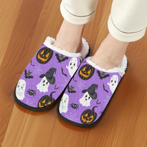 Indoor Outdoor Slippers Women Men Halloween Funny Pumpkin Ghost Spooky Spider Web Skeleton Bat Skull Witch Slipper Winter Slip on Cozy Memory Foam House Shoes School Supplies Gifts3