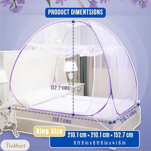Image of King Size pop up Mosquito net for Double Queen Bed | Heavy Duty 30 GSM Polyester Fabric | Corrosion Resistant Steel Frame | Foldable Tent Style machardani with Dual Zipper | Blue
