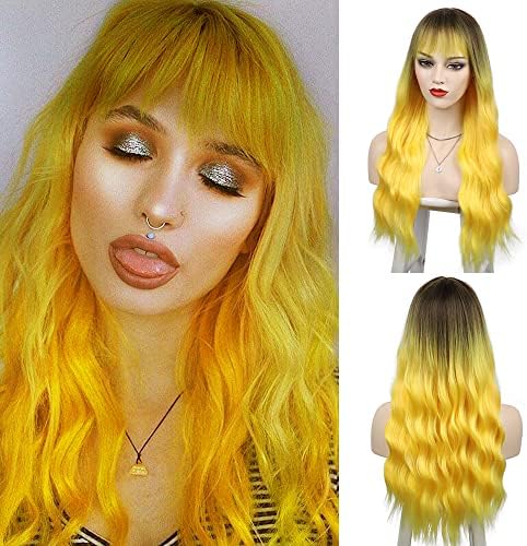 FORCUTEU Ombre Yellow Wig with Bangs Yellow Wigs for Women Long Wavy Yellow Wig Heat Resistant Wigs for Daily Party (26Inch Yellow)