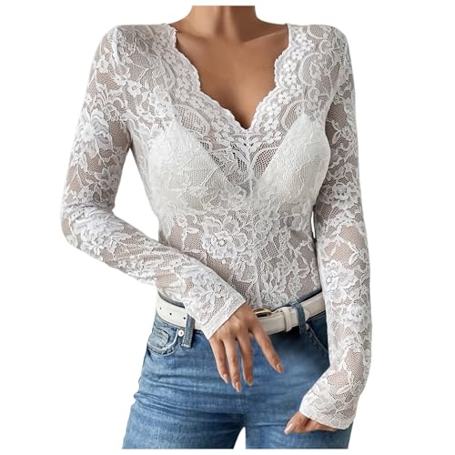 2026 Mujer Malla Top Encaje Blusa Transparente Malla Transparente Camisa Negra Mujer Malla Transparente Manga Larga Encaje Floral Cuello Alto Transparente Manga Larga, Blanco, L